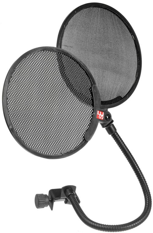 Поп фильтр sE Electronics [Dual Pop Filter] состоит из двух частей, первая часть изготовлена из прочной глянцевой ткани со стандартной тканевой мембраной и вторая металлическая на шарнирном механизме